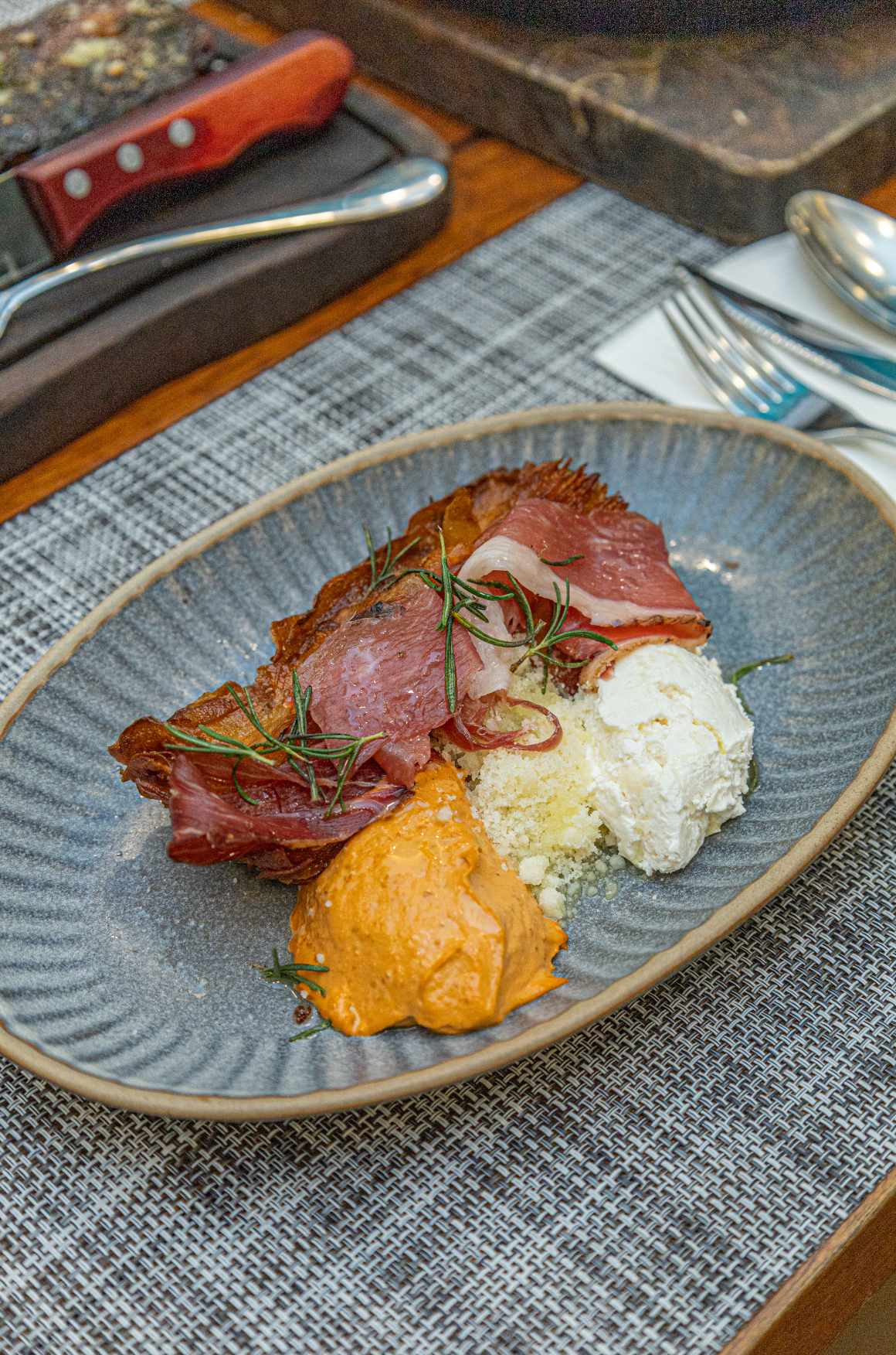 Potato Pave with Cheese Cream Tomato Mayo & Proscuitto